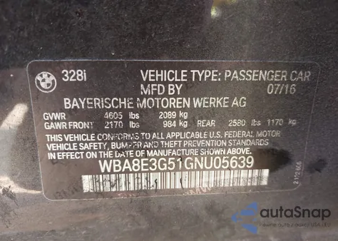 2016 BMW 328I xDrive from USA, damaged, VIN WBA8E3G51GNU05639